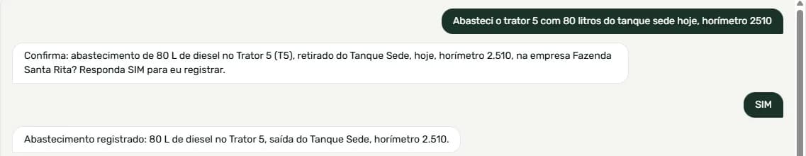 Conversa real com a Brever IA: abastecimento resumido, confirmado com SIM e registrado